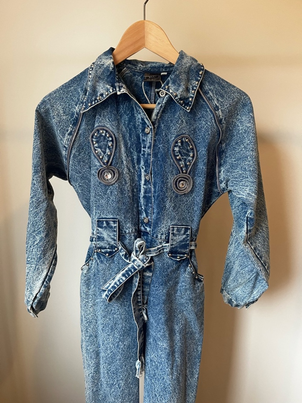 Distressed Acid Wash Blue Embellished Western Cowgirl Denim Jumpsuit S